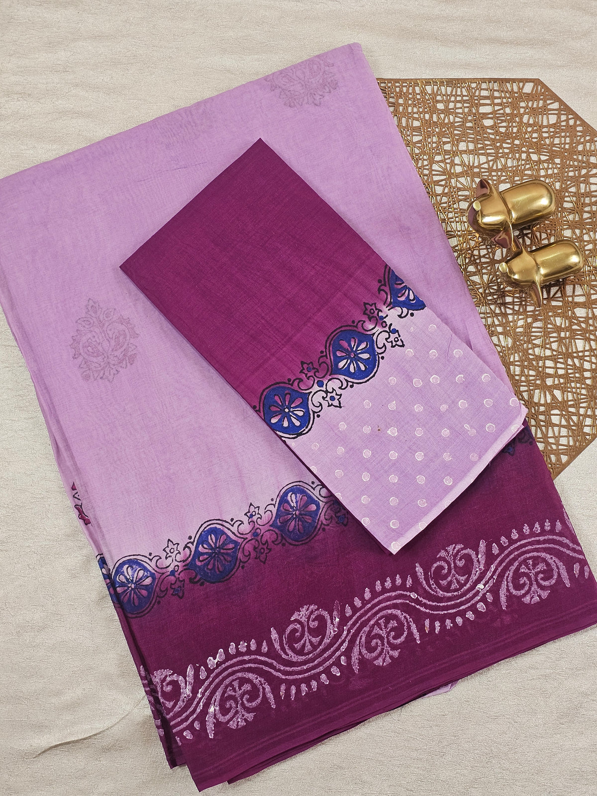 Pure Cotton with Hand Block Prints - Lavender with Wine