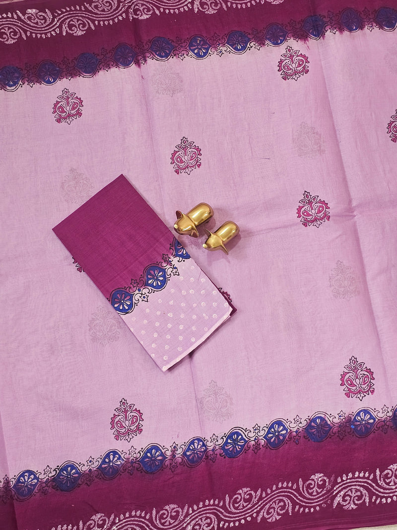Pure Cotton with Hand Block Prints - Lavender with Wine