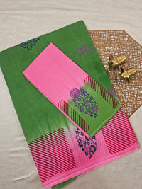 Pure Cotton with Hand Block Prints - Green with Pink