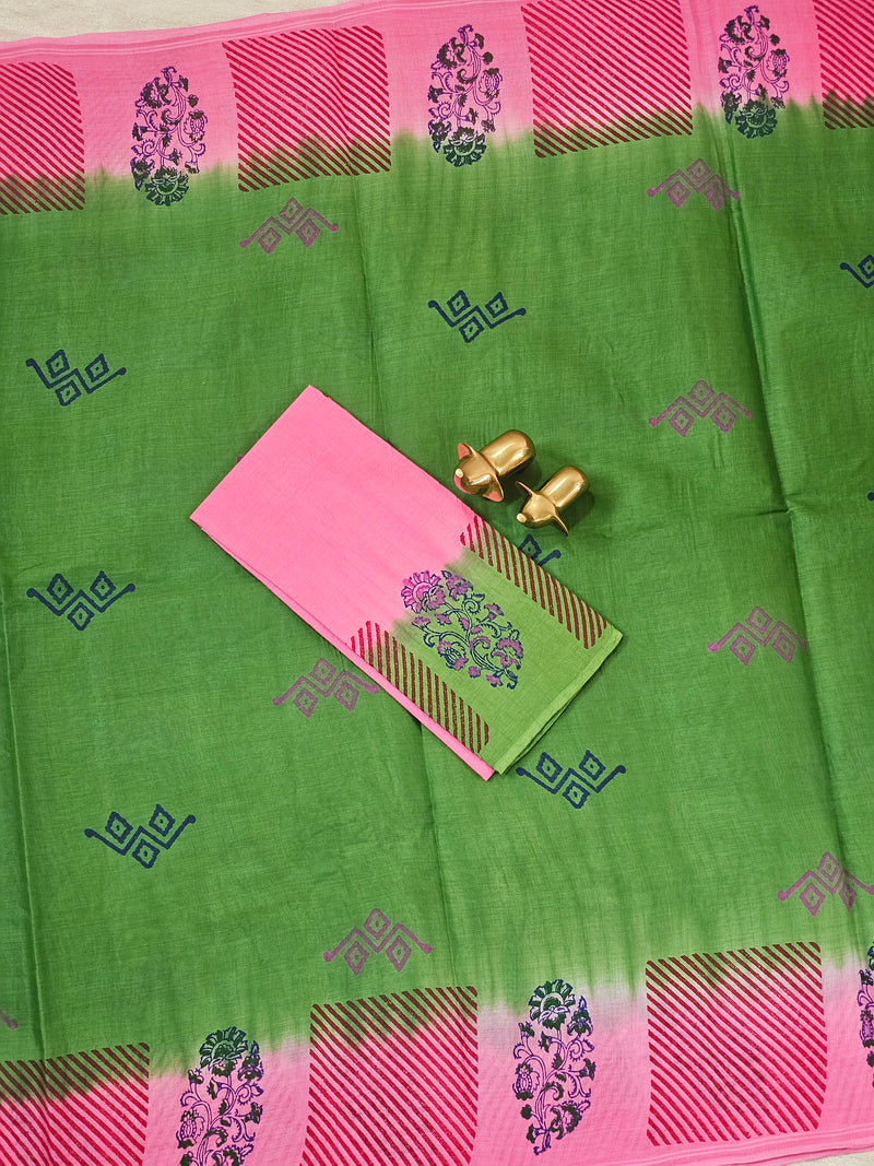 Pure Cotton with Hand Block Prints - Green with Pink