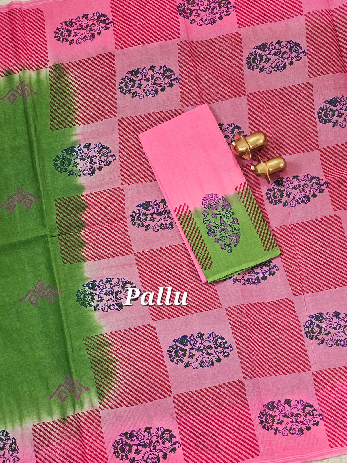 Pure Cotton with Hand Block Prints - Green with Pink