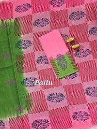 Pure Cotton with Hand Block Prints - Green with Pink