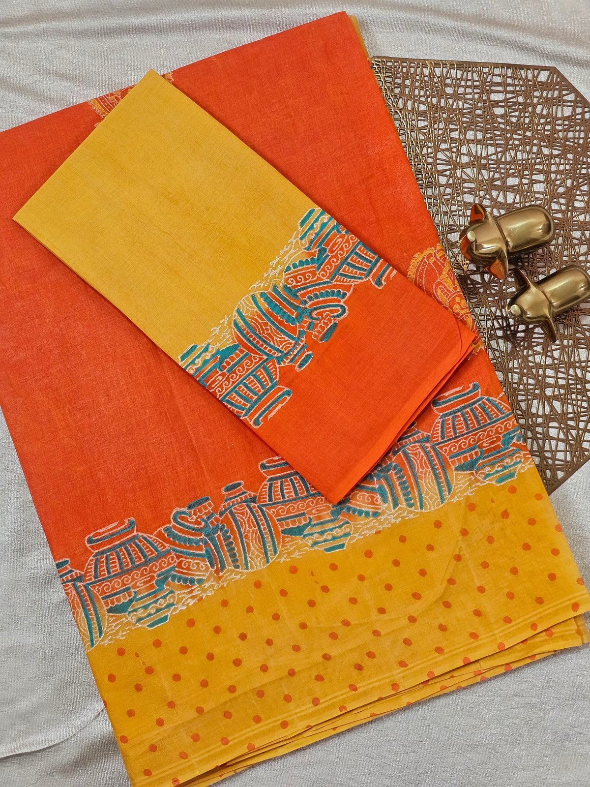 Pure Cotton with Hand Block Prints - Orange with Yellow