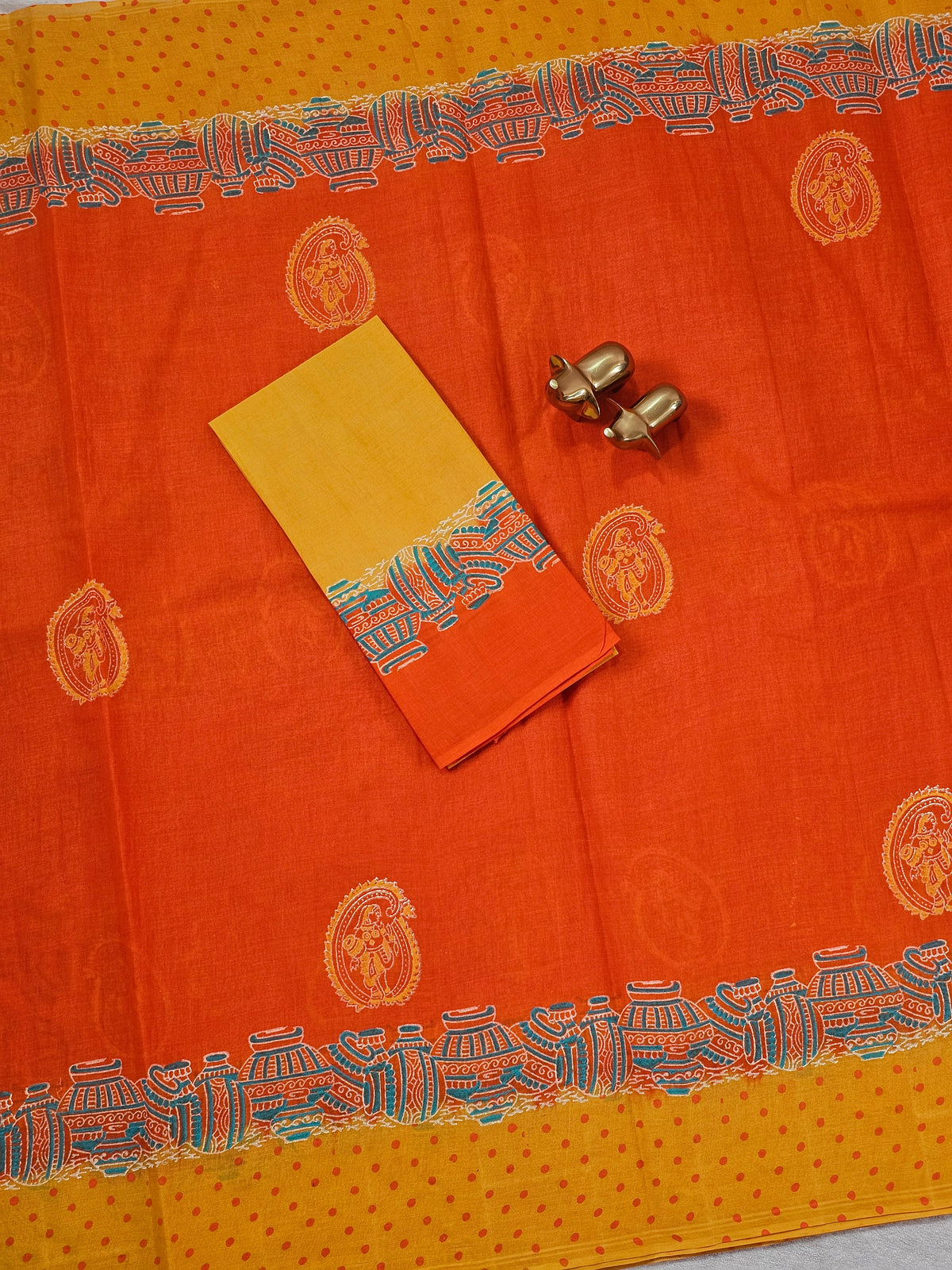 Pure Cotton with Hand Block Prints - Orange with Yellow