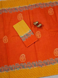 Pure Cotton with Hand Block Prints - Orange with Yellow