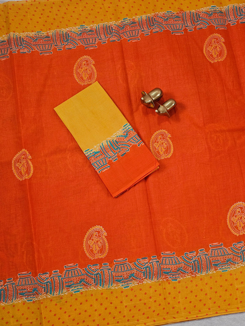 Pure Cotton with Hand Block Prints - Orange with Yellow