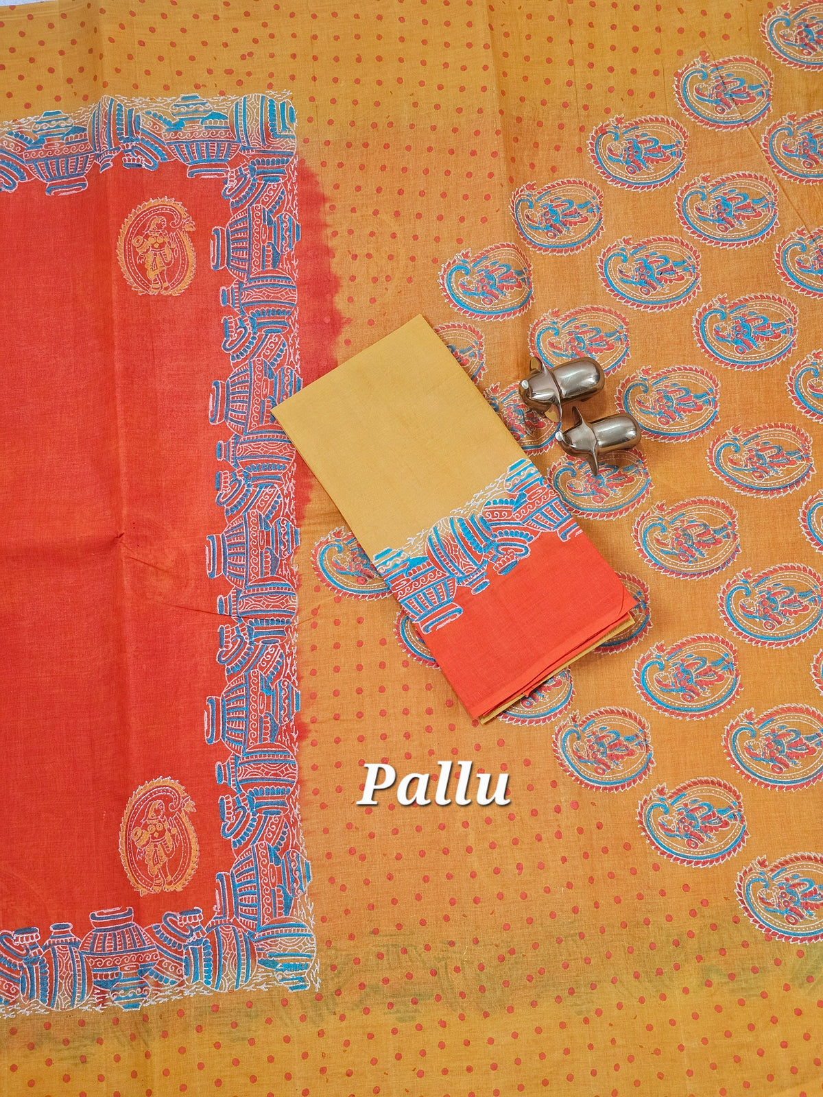 Pure Cotton with Hand Block Prints - Orange with Yellow