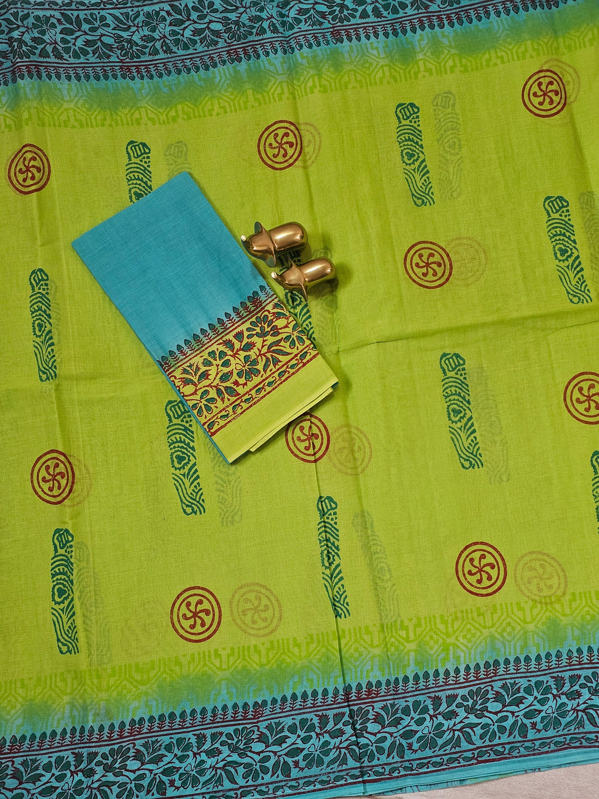Pure Cotton with Hand Block Prints -  Green with Sea Green
