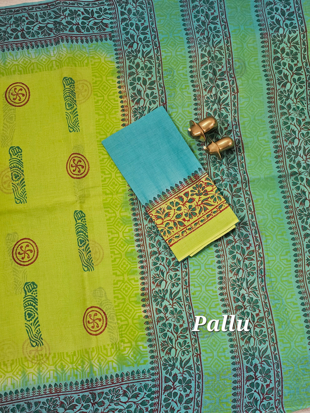 Pure Cotton with Hand Block Prints -  Green with Sea Green