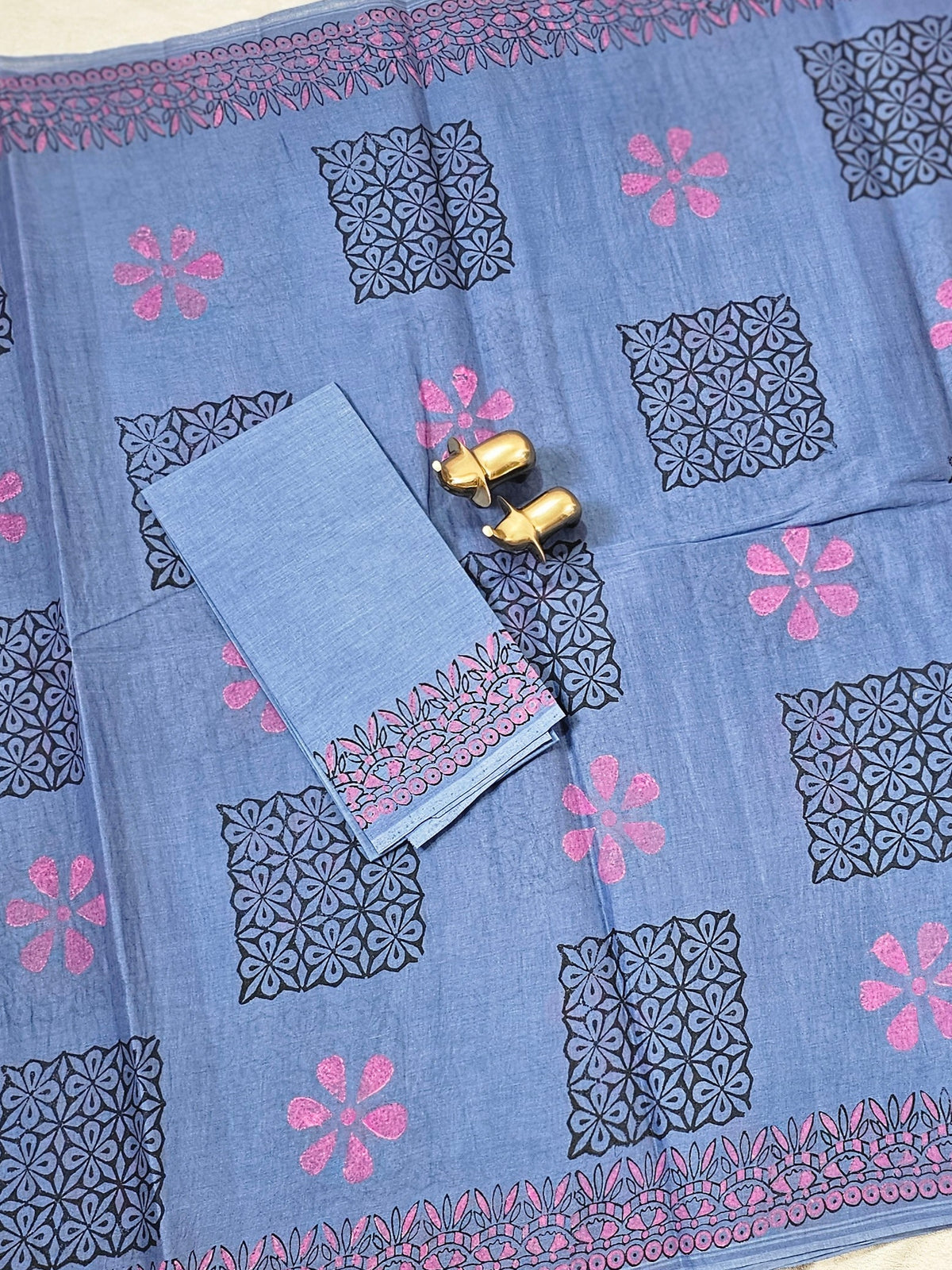 Pure Cotton with Hand Block Prints - Dark Blue