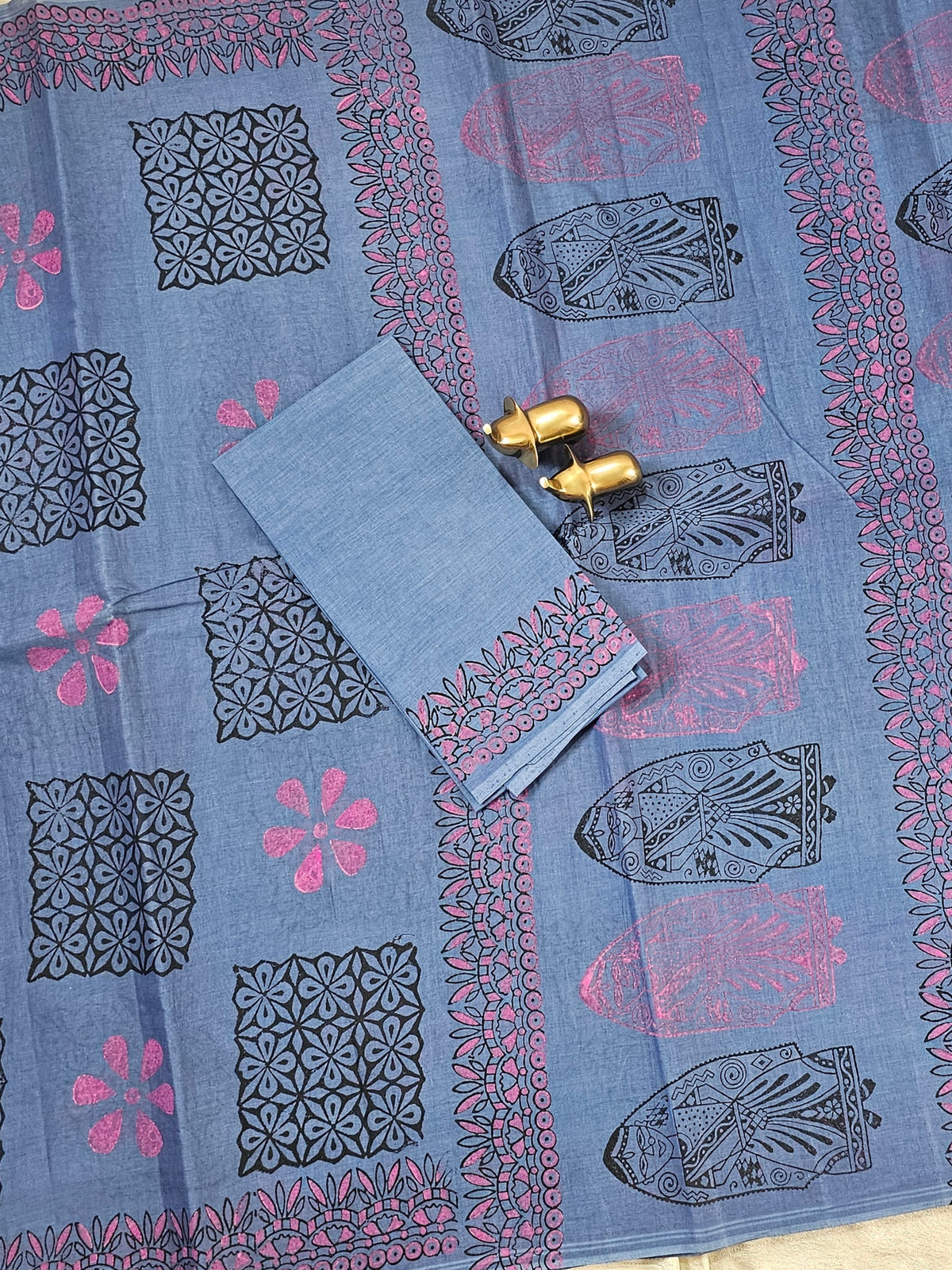 Pure Cotton with Hand Block Prints - Dark Blue