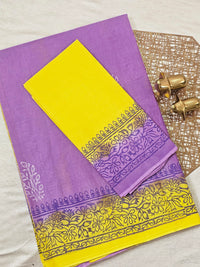 Pure Cotton with Hand Block Prints - Purple with Yellow