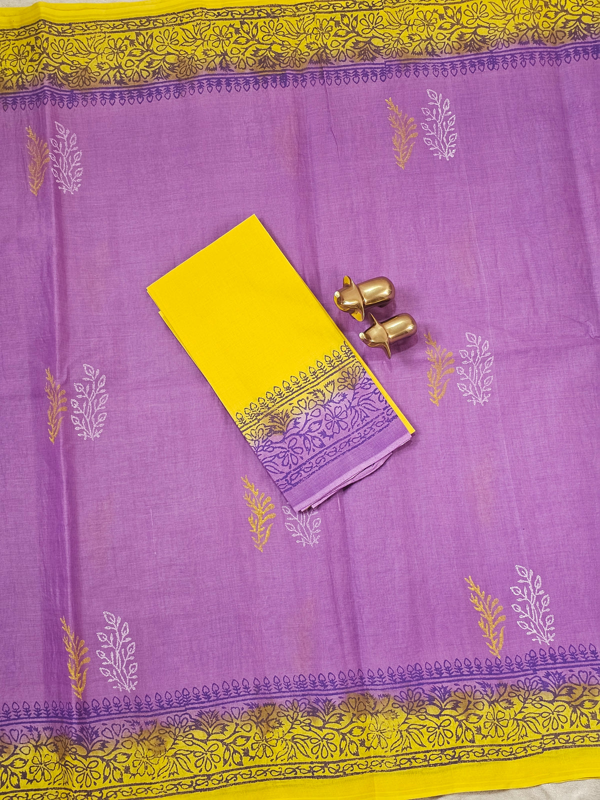 Pure Cotton with Hand Block Prints - Purple with Yellow