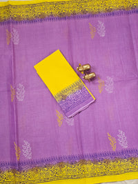 Pure Cotton with Hand Block Prints - Purple with Yellow