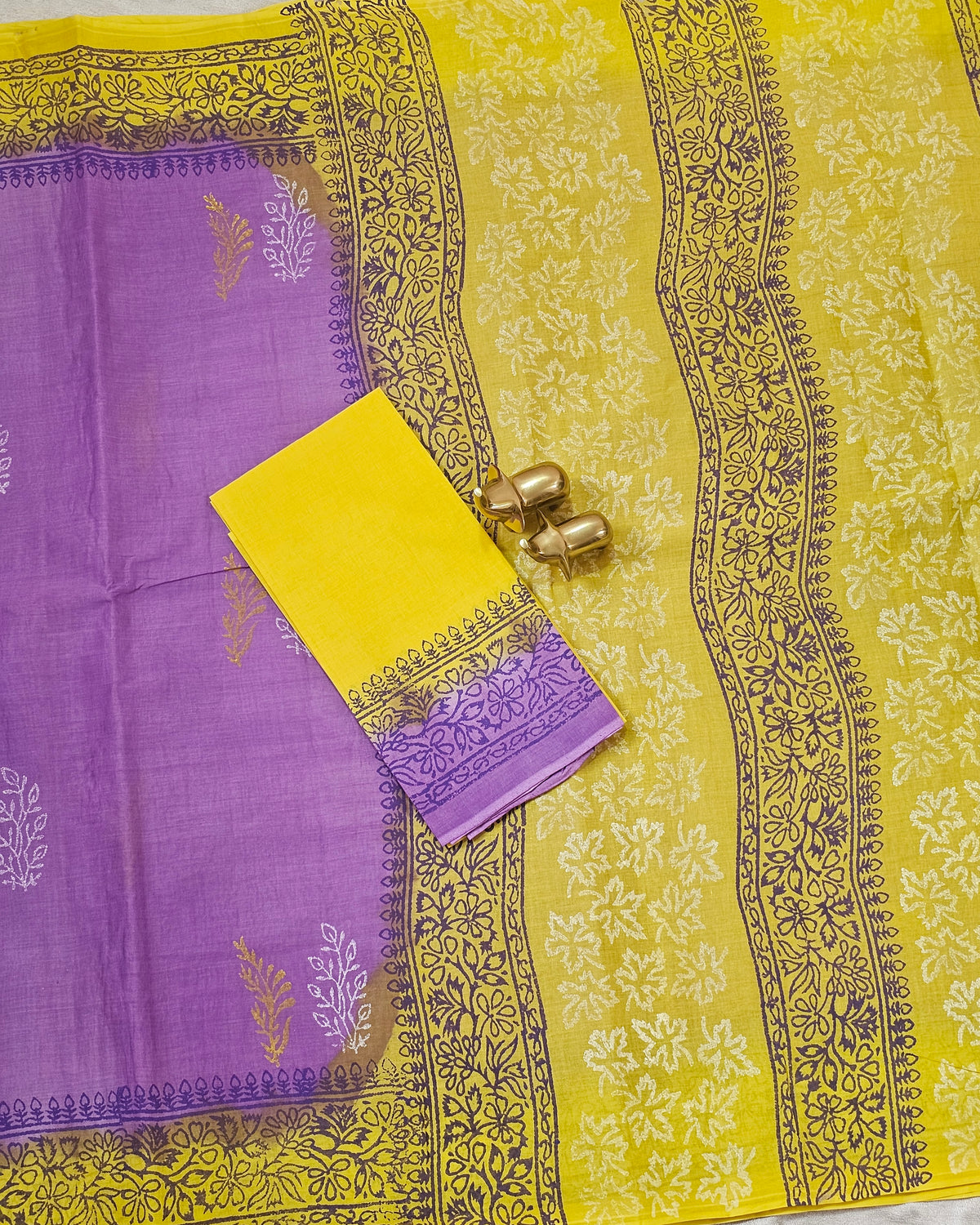 Pure Cotton with Hand Block Prints - Purple with Yellow