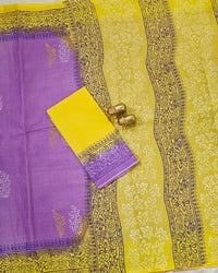 Pure Cotton with Hand Block Prints - Purple with Yellow