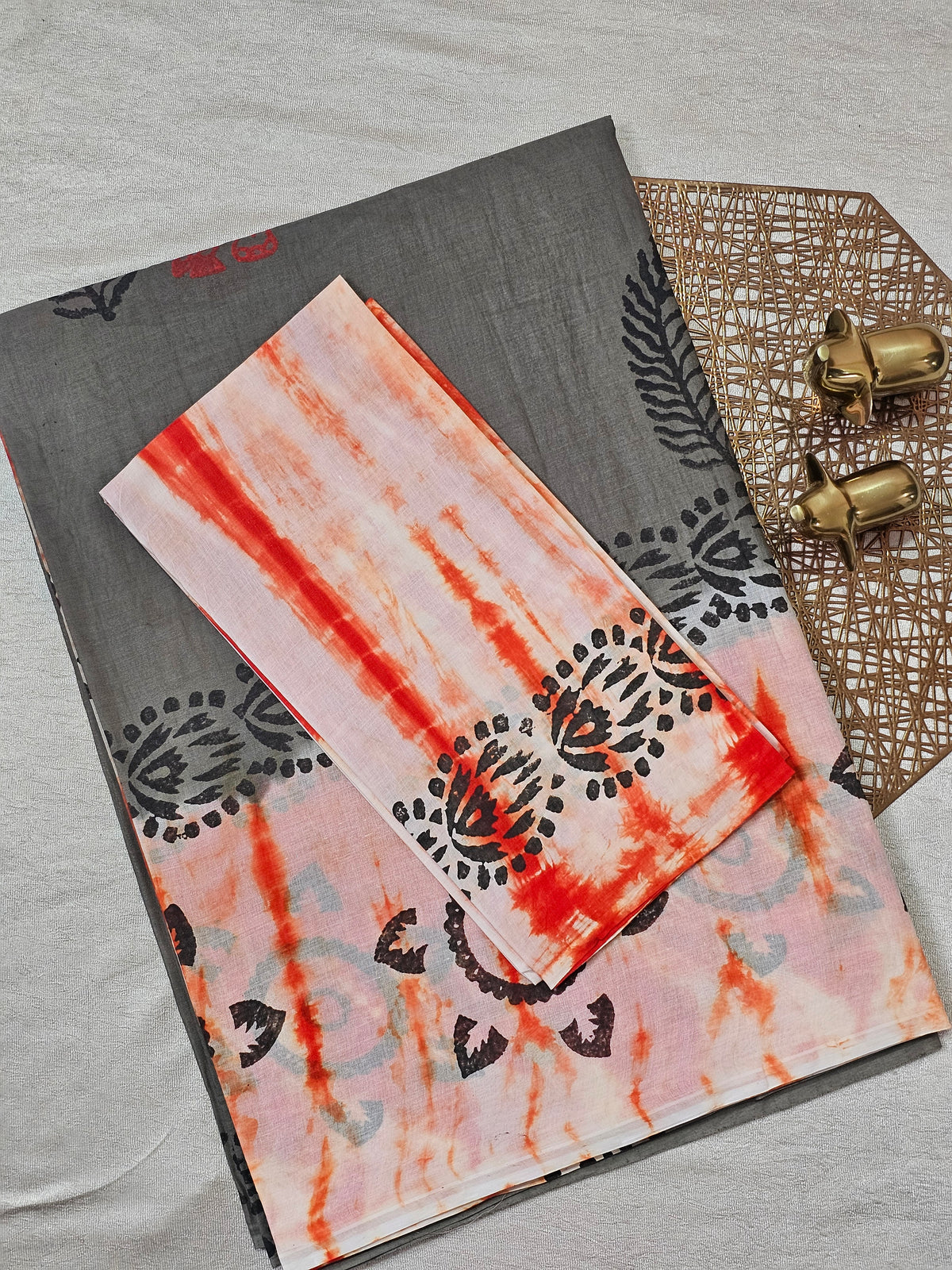 Pure Cotton with Hand Block Prints - Metalic Grey with Orange