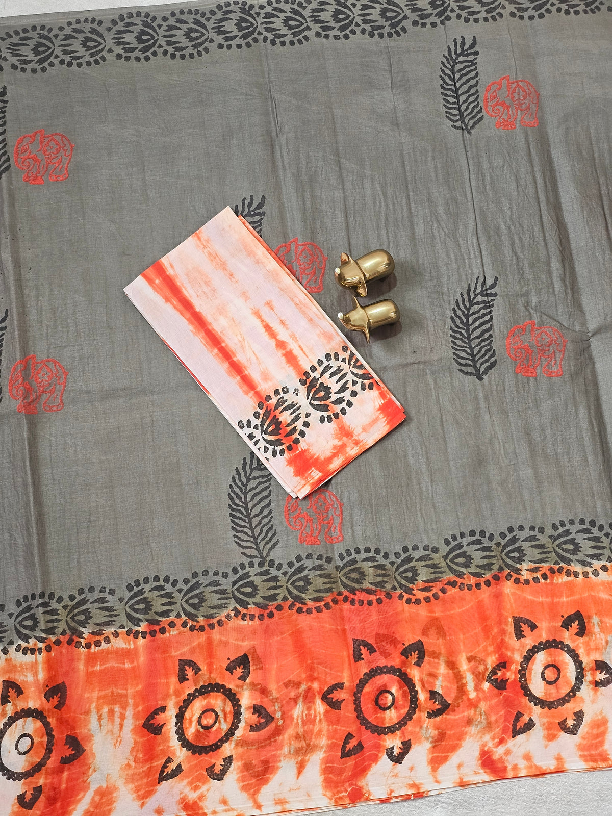 Pure Cotton with Hand Block Prints - Metalic Grey with Orange