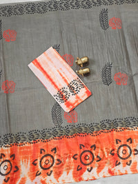 Pure Cotton with Hand Block Prints - Metalic Grey with Orange
