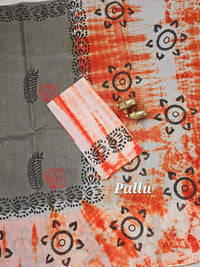 Pure Cotton with Hand Block Prints - Metalic Grey with Orange