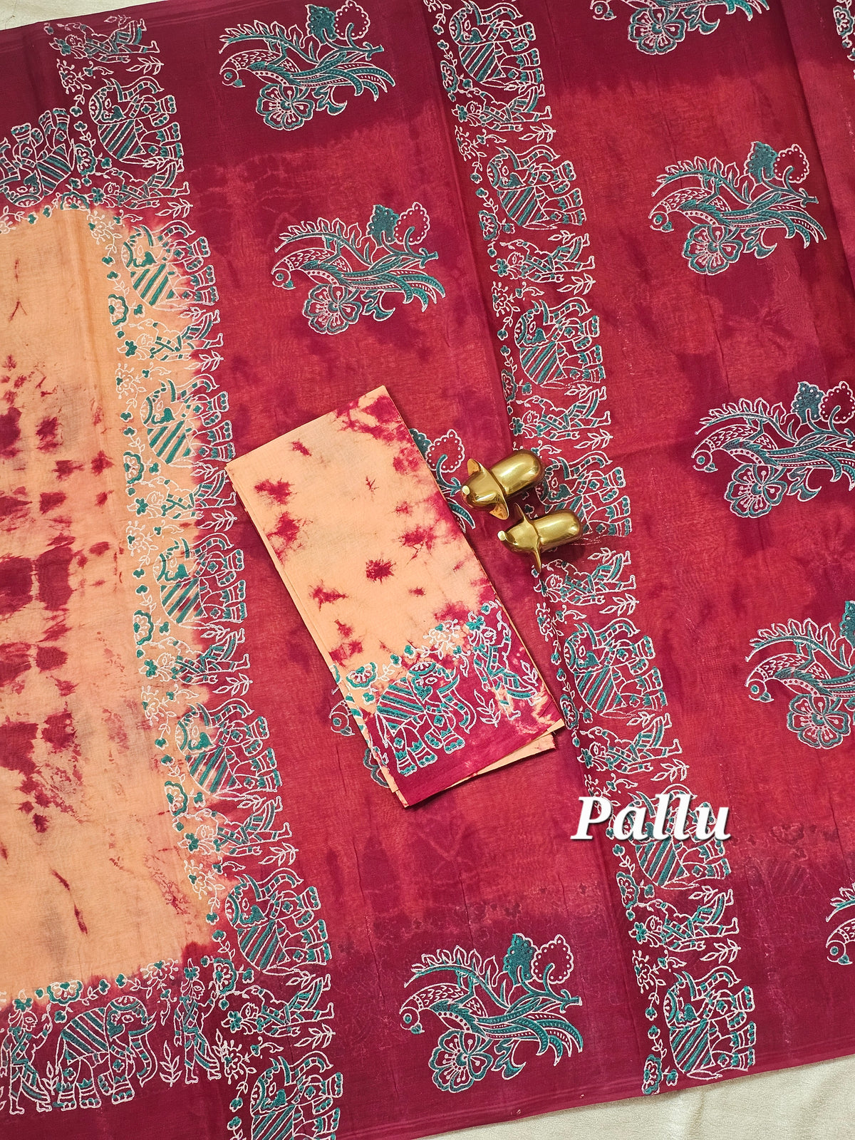 Pure Cotton with Hand Block Prints - Beige with Maroon