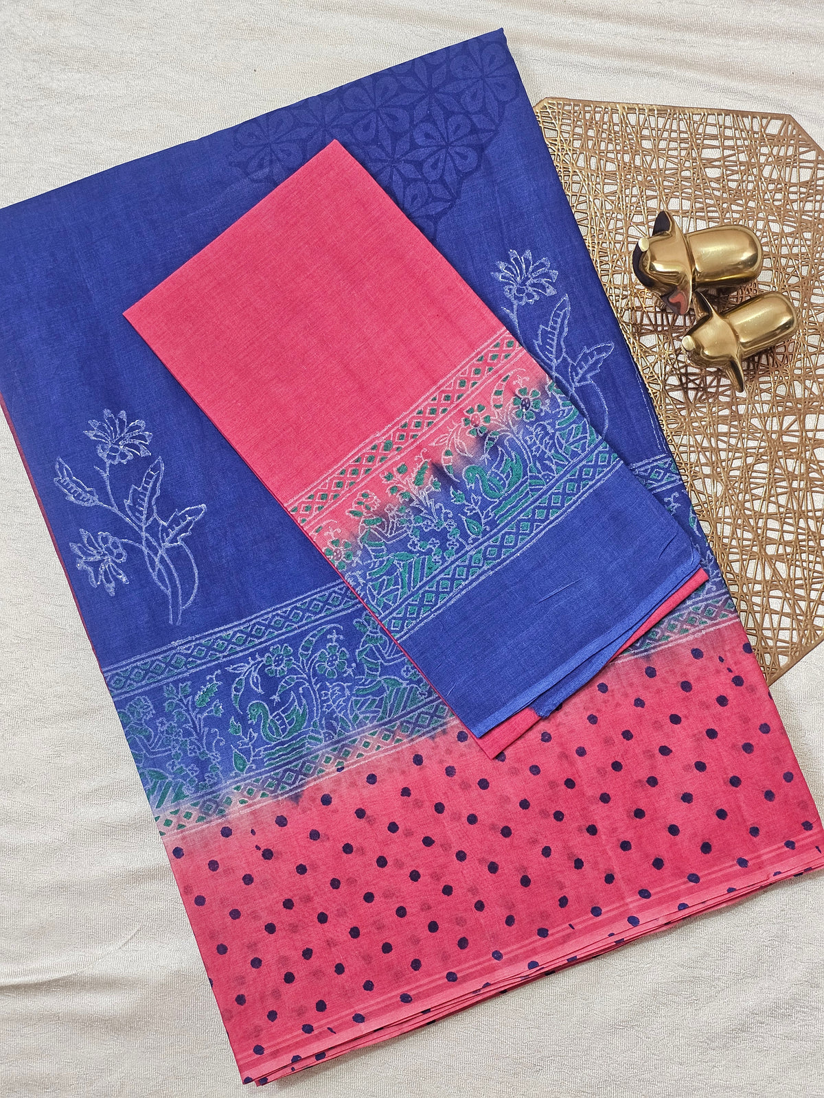Pure Cotton with Hand Block Prints - Blue with Dark Pink