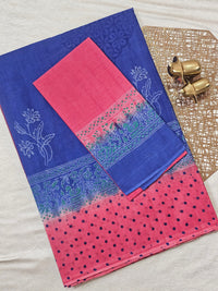 Pure Cotton with Hand Block Prints - Blue with Dark Pink