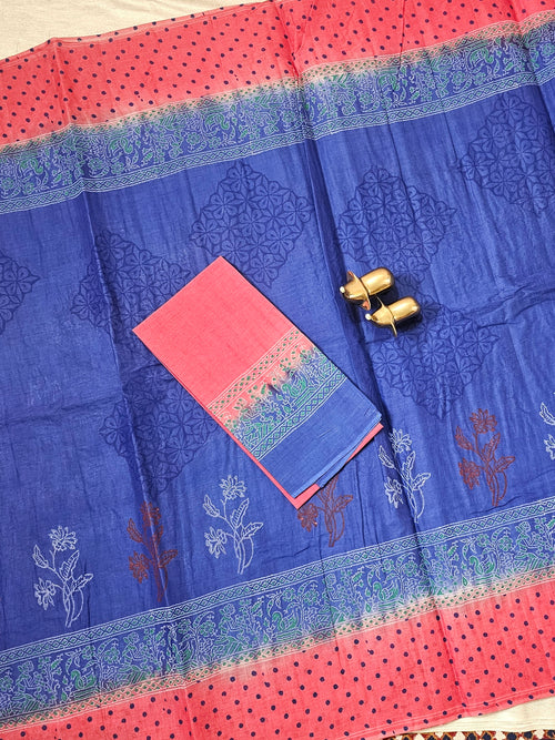 Pure Cotton with Hand Block Prints - Blue with Dark Pink