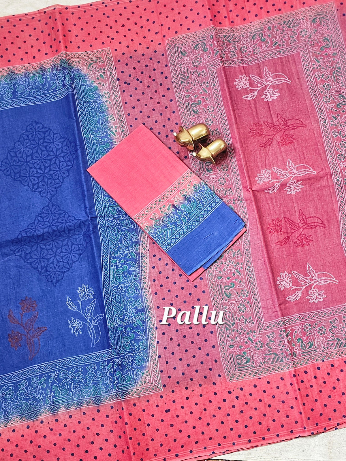 Pure Cotton with Hand Block Prints - Blue with Dark Pink