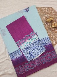 Pure Cotton with Hand Block Prints - Blue with Magenta Pink