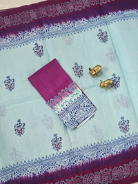 Pure Cotton with Hand Block Prints - Blue with Magenta Pink