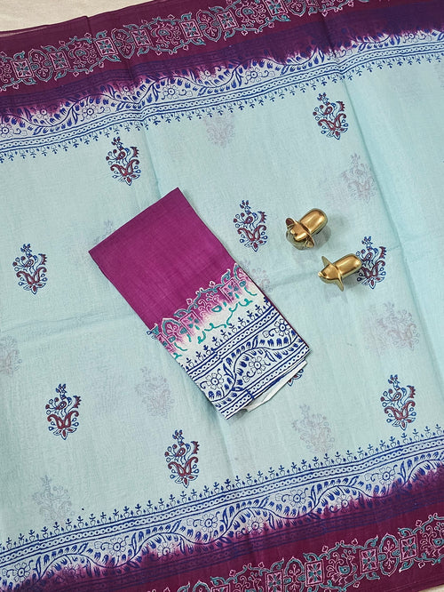 Pure Cotton with Hand Block Prints - Blue with Magenta Pink
