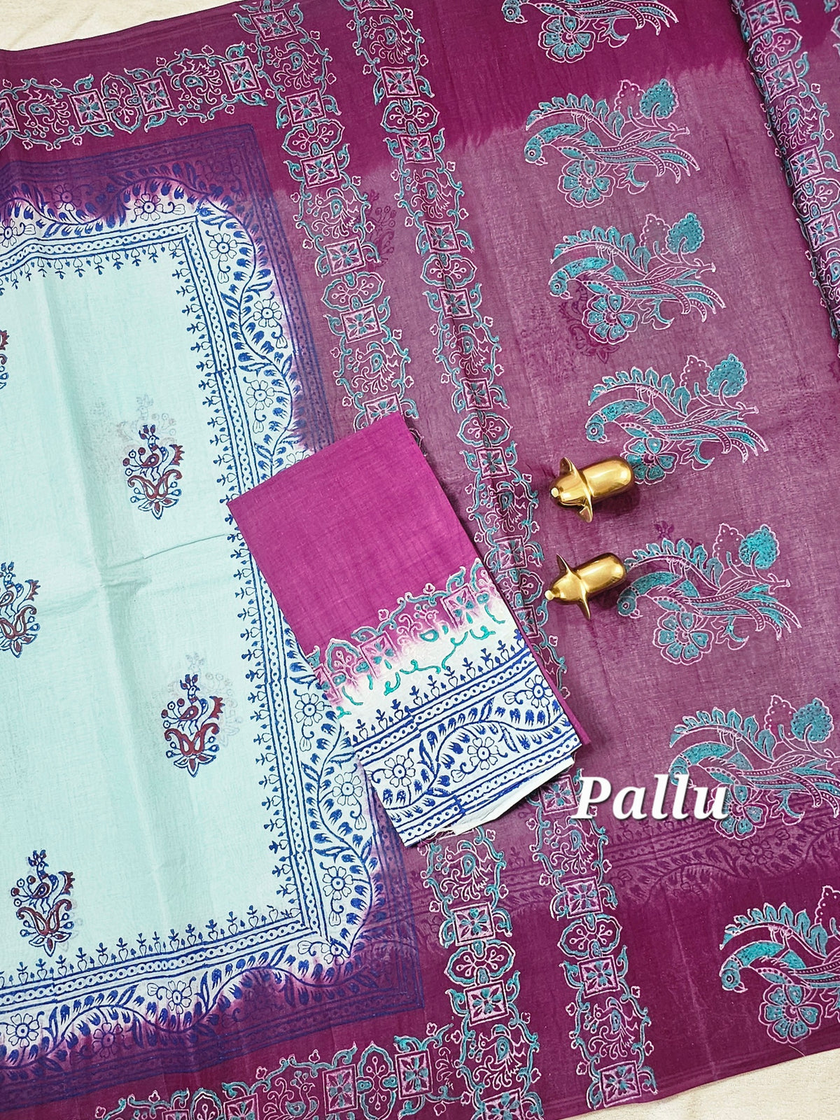 Pure Cotton with Hand Block Prints - Blue with Magenta Pink