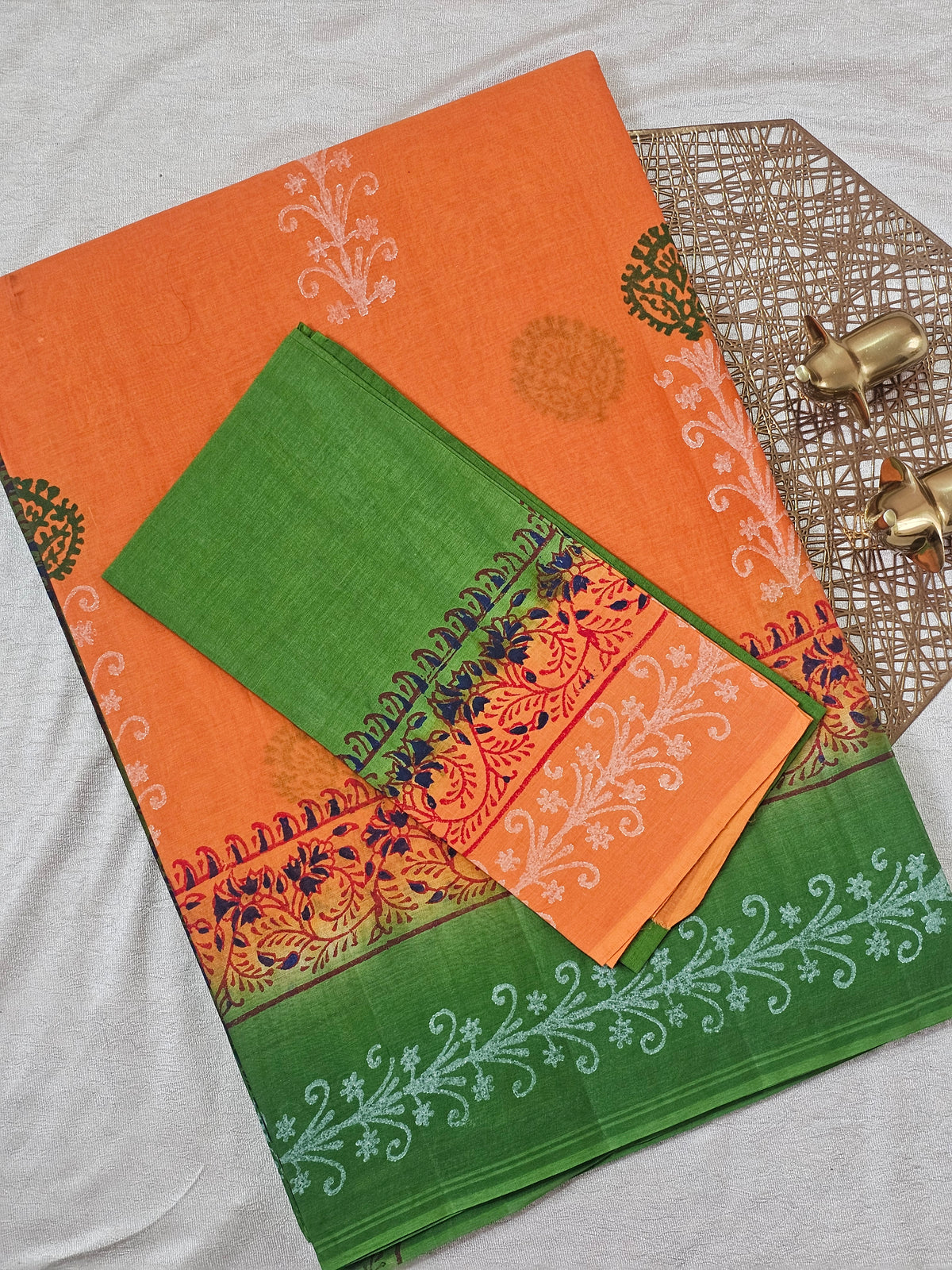 Pure Cotton with Hand Block Prints - Orange with Green