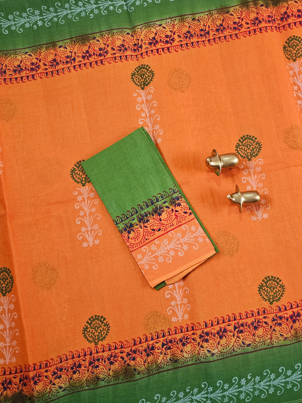 Pure Cotton with Hand Block Prints - Orange with Green