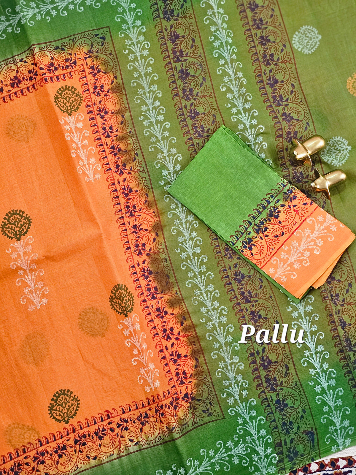 Pure Cotton with Hand Block Prints - Orange with Green