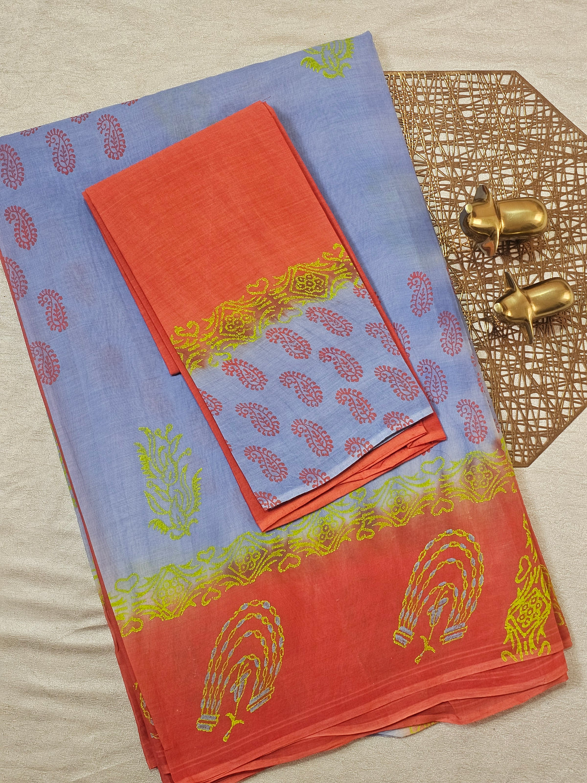 Pure Cotton with Hand Block Prints - Violet with Dark Orange