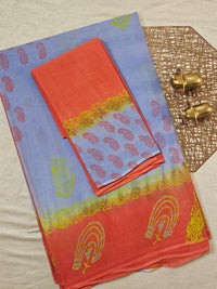 Pure Cotton with Hand Block Prints - Violet with Dark Orange