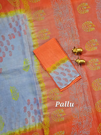 Pure Cotton with Hand Block Prints - Violet with Dark Orange