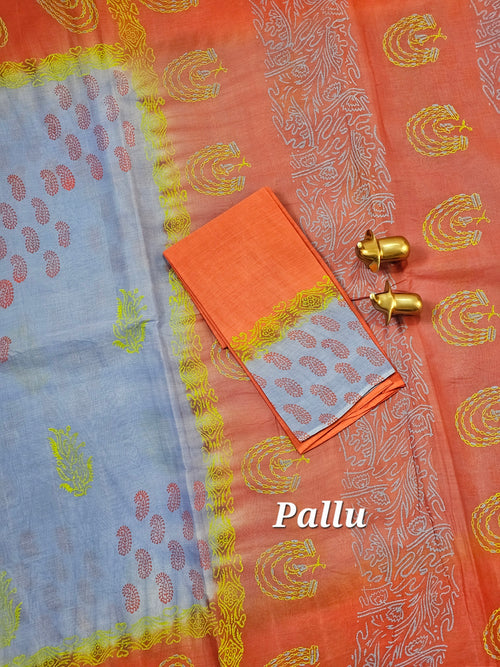 Pure Cotton with Hand Block Prints - Violet with Dark Orange