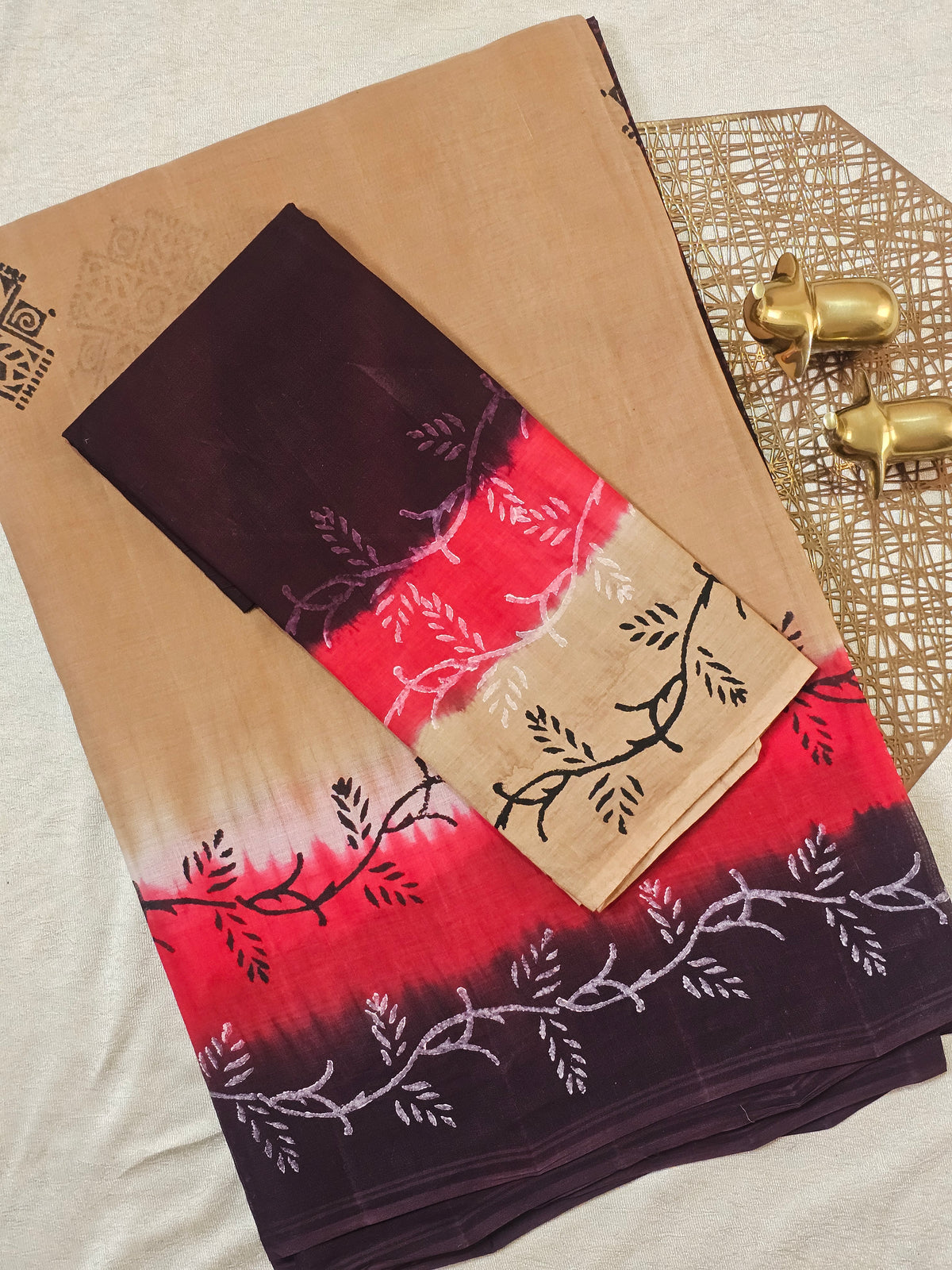 Pure Cotton with Hand Block Prints - Dark Beige with Reddish Brown