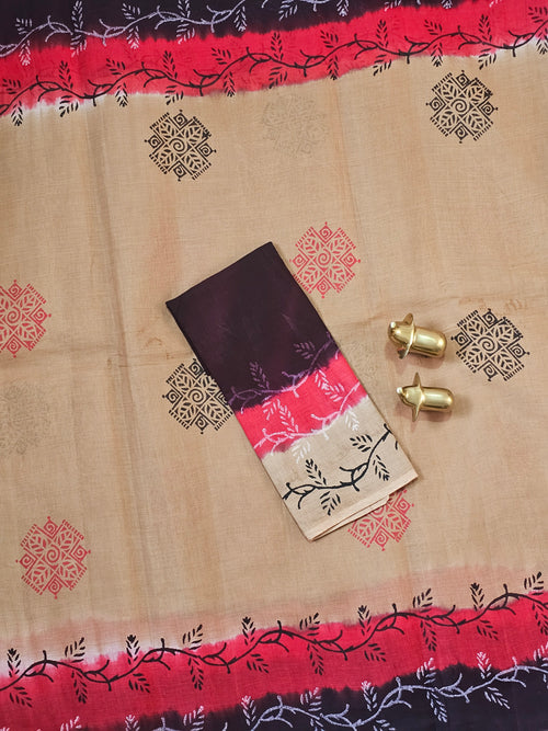 Pure Cotton with Hand Block Prints - Dark Beige with Reddish Brown