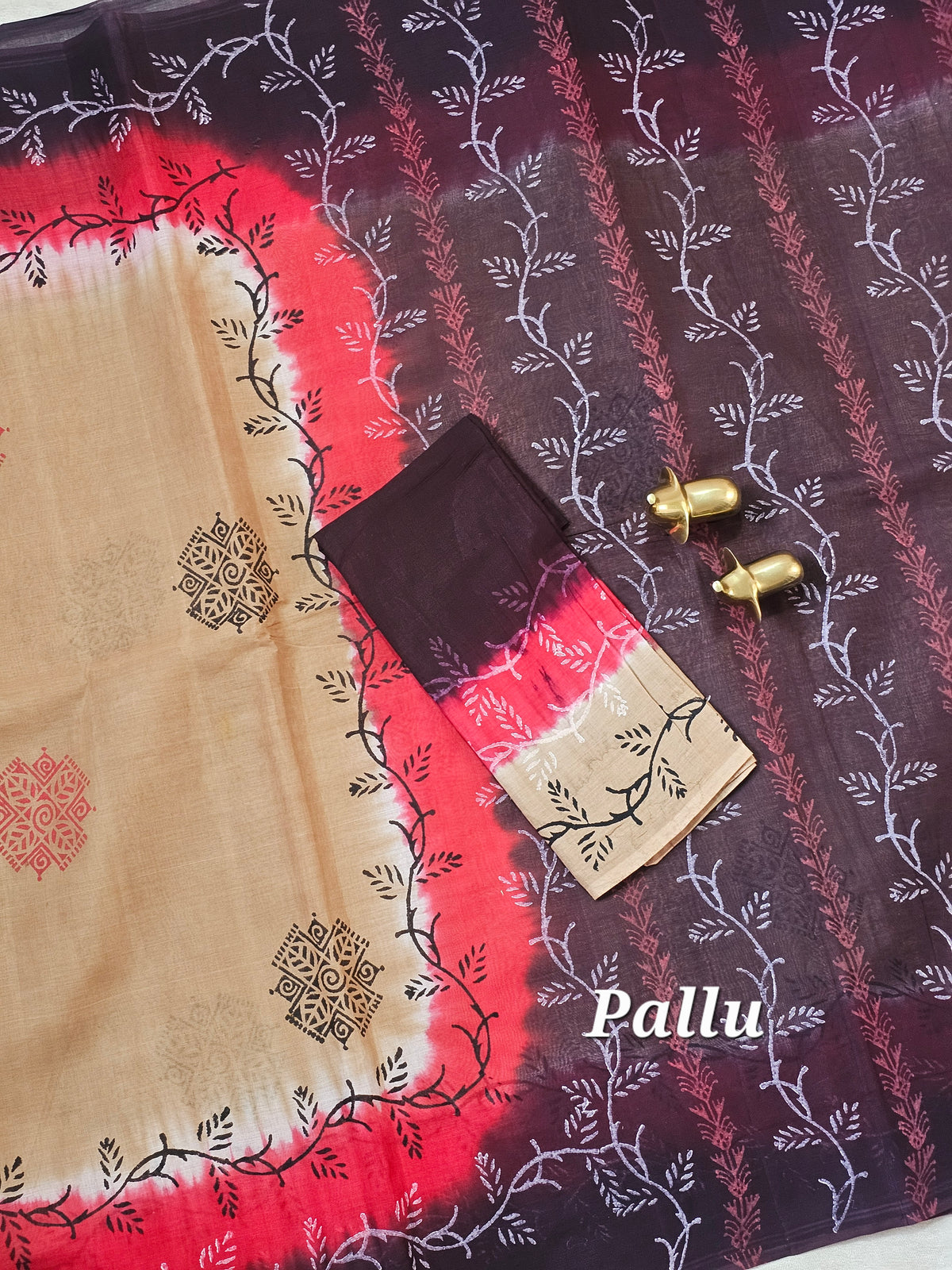 Pure Cotton with Hand Block Prints - Dark Beige with Reddish Brown