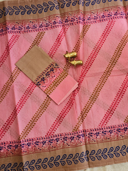 Pure Cotton with Hand Block Prints - Pink with Beige
