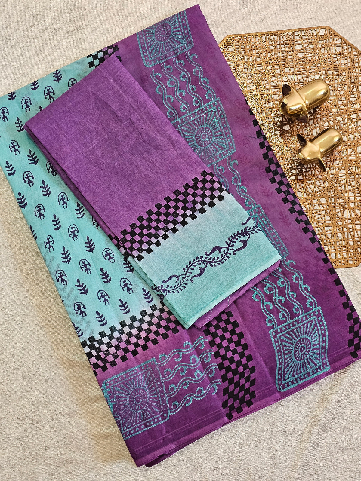 Pure Cotton with Hand Block Prints - Blue with Purple