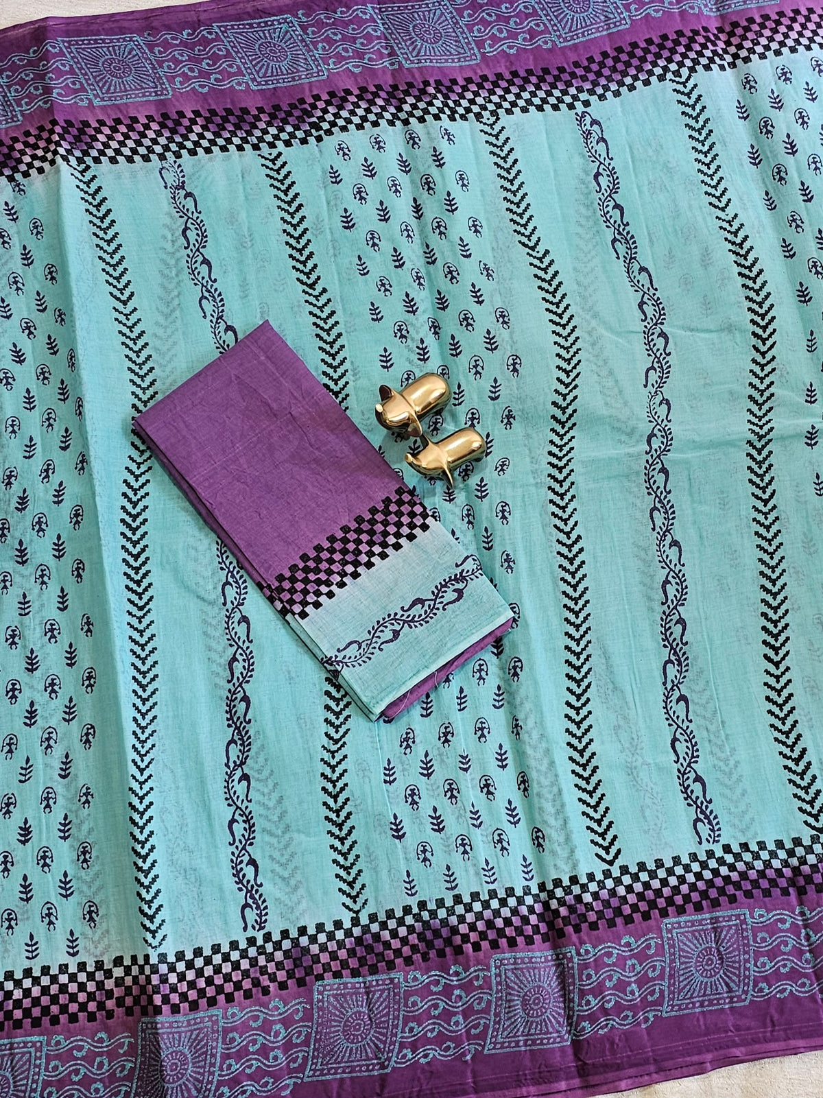 Pure Cotton with Hand Block Prints - Blue with Purple