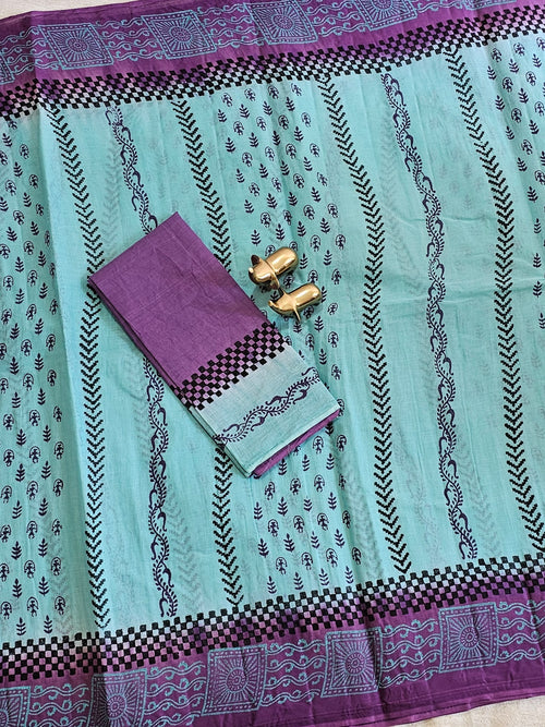 Pure Cotton with Hand Block Prints - Blue with Purple