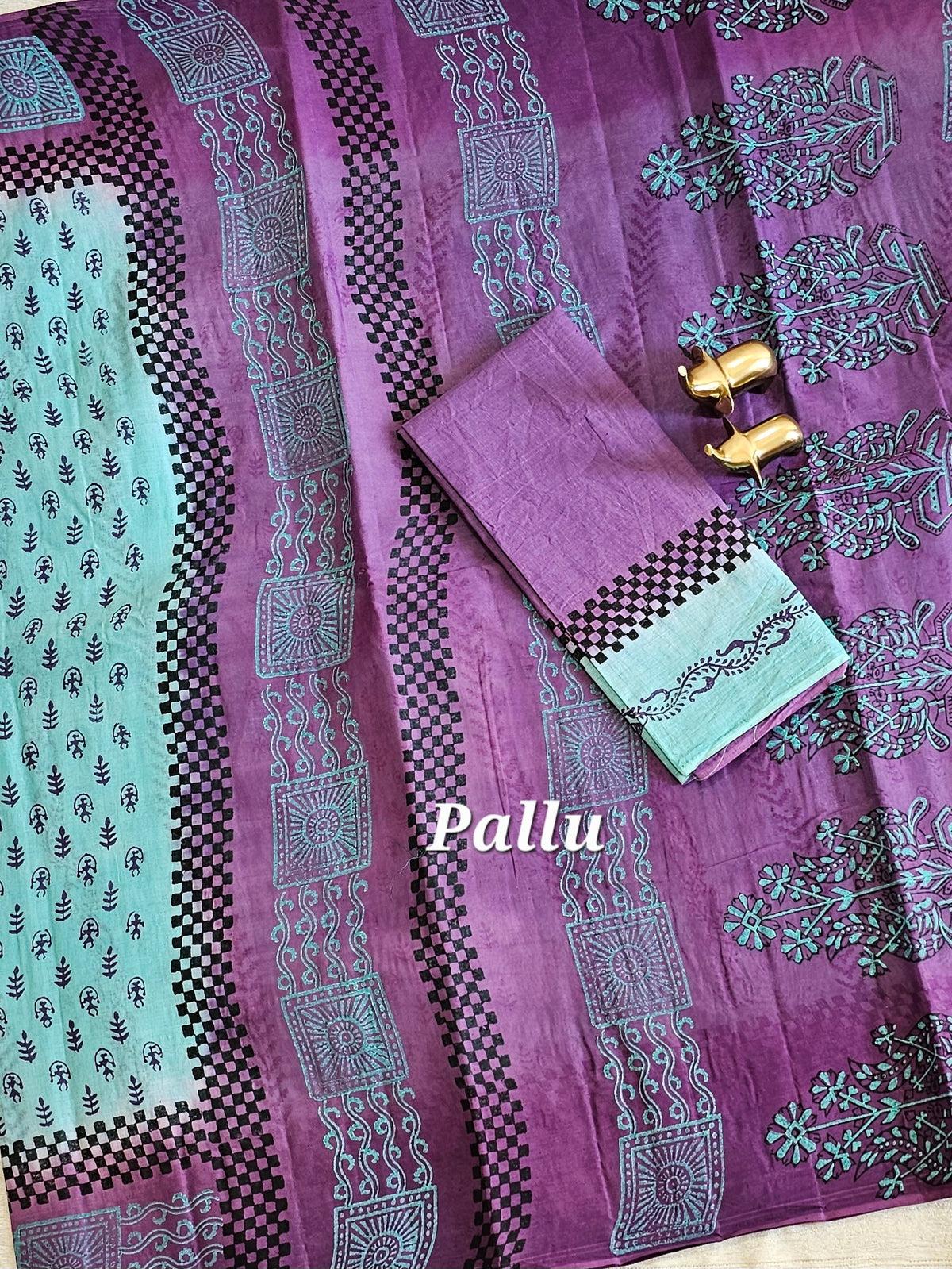 Pure Cotton with Hand Block Prints - Blue with Purple