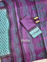 Pure Cotton with Hand Block Prints - Blue with Purple