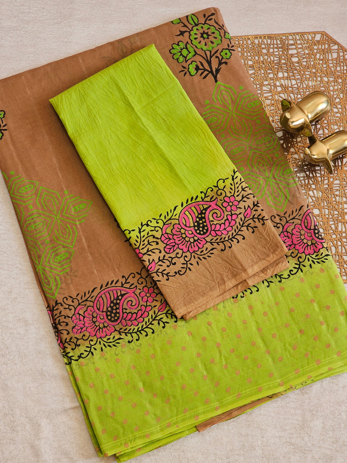 Pure Cotton with Hand Block Prints - Brown with Green
